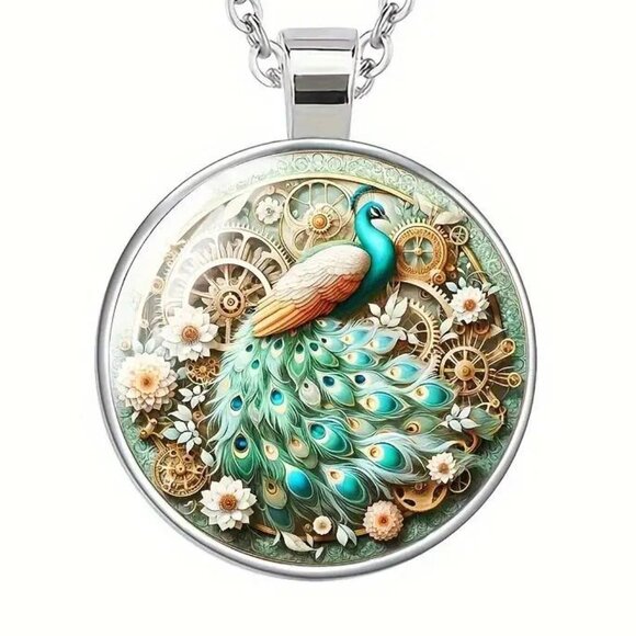 Silver PEACOCK Glass Cabochon Pendant Necklace - Picture 1 of 3